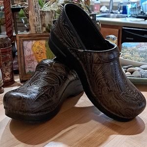 Dansko Brown Etched leather Clogs